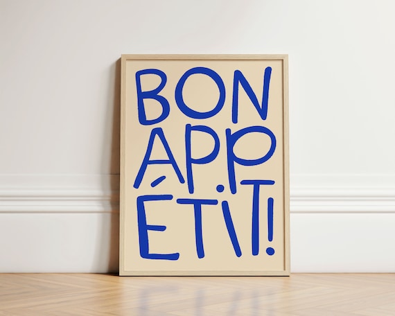Bon Appetit Blue Hand Lettering Kitchen Dining Typography Art Poster