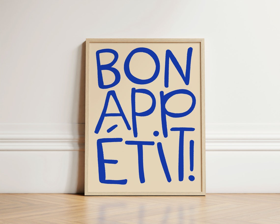 Bon Appetit Blue Hand Lettering Kitchen Dining Typography Art Poster
