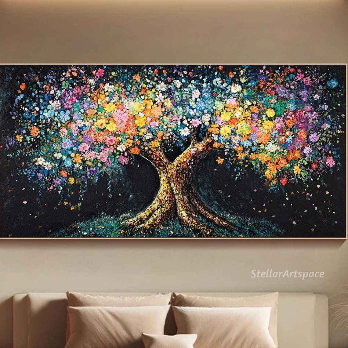 Midnight Blossom Tree Colorful Flowers Black Background Art Poster