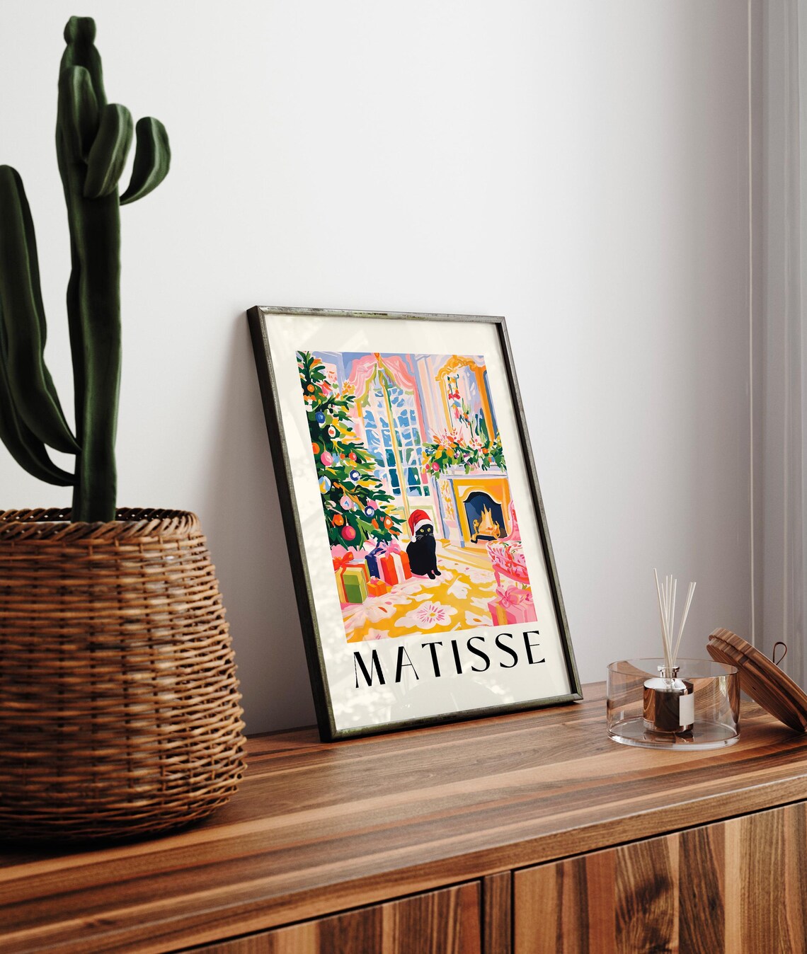 Black Cat In Santa Hat, Matisse-Inspired Christmas Print - Image 3