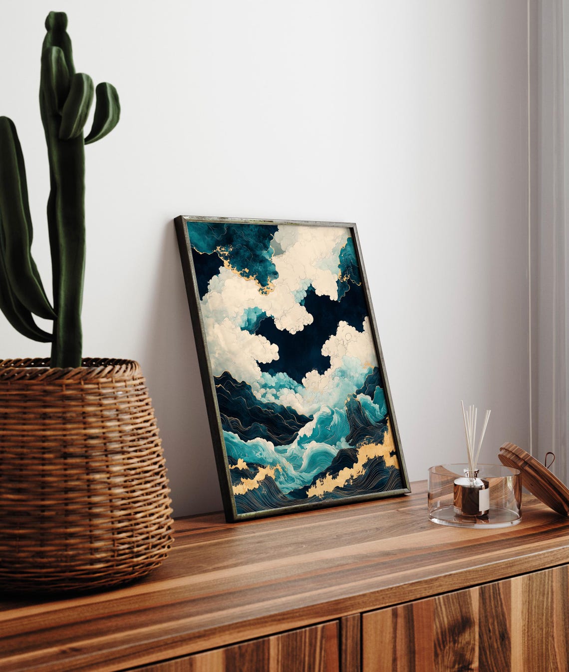 Japanese Style Abstract Ocean Waves with Gold Accents Wall Poster - Image 3