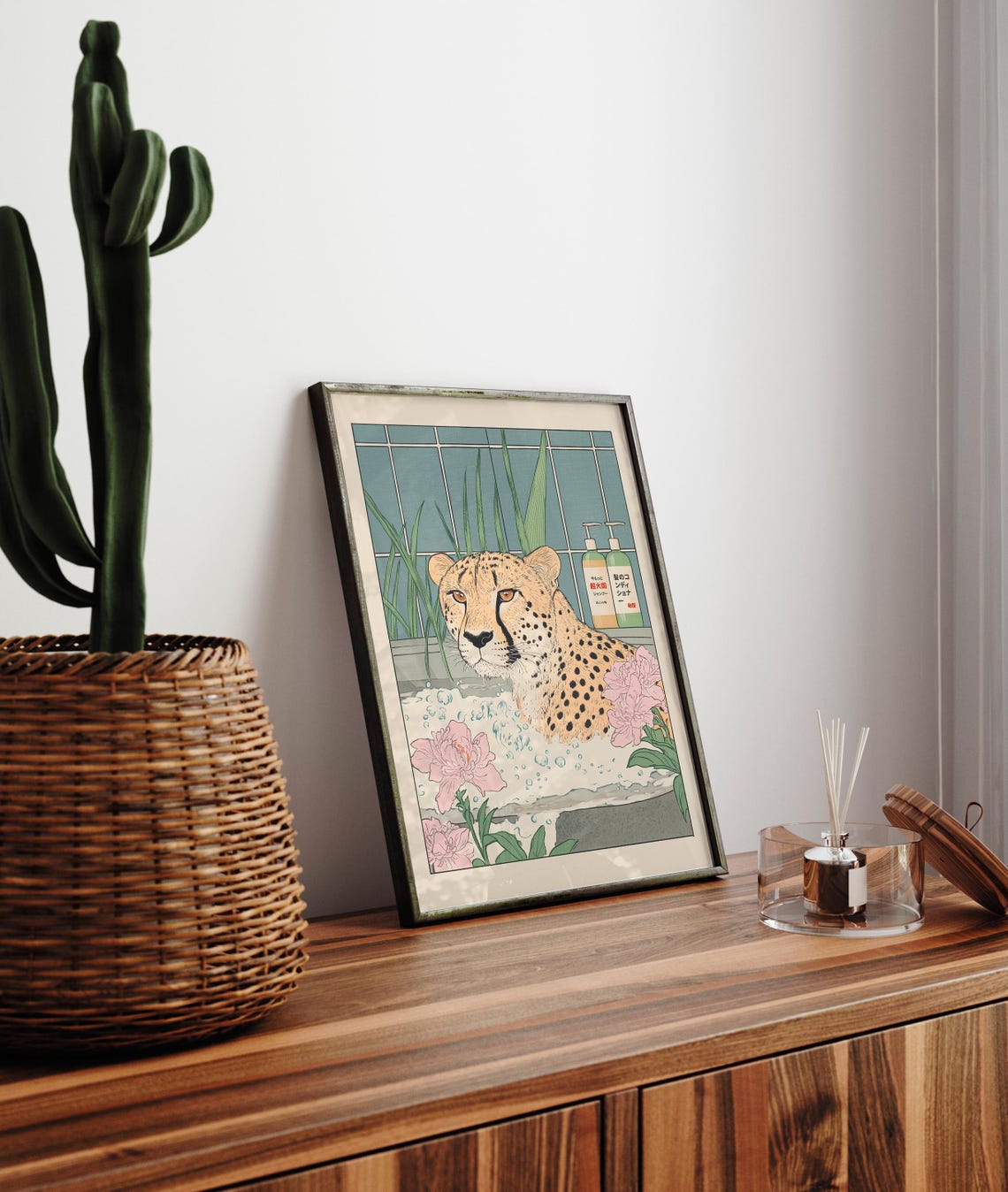 Japanese Style Cheetah Bathing in Bubble Bath with Peonies Art Poster - Image 3
