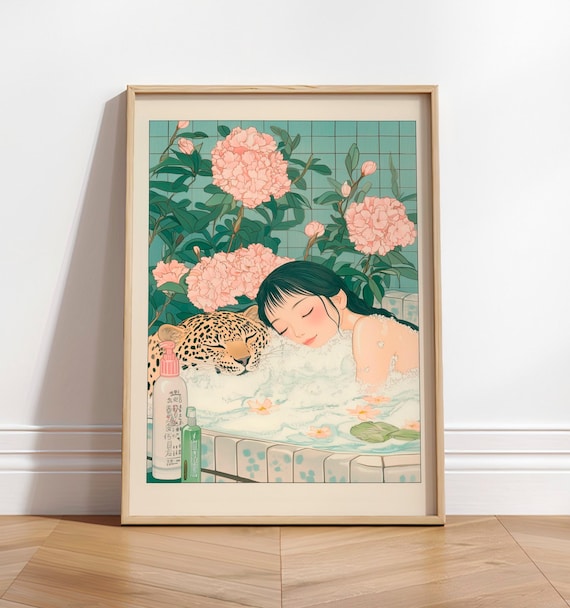 Ukiyoe Leopard Bath Art Print Japandi Bathroom Wall Decor