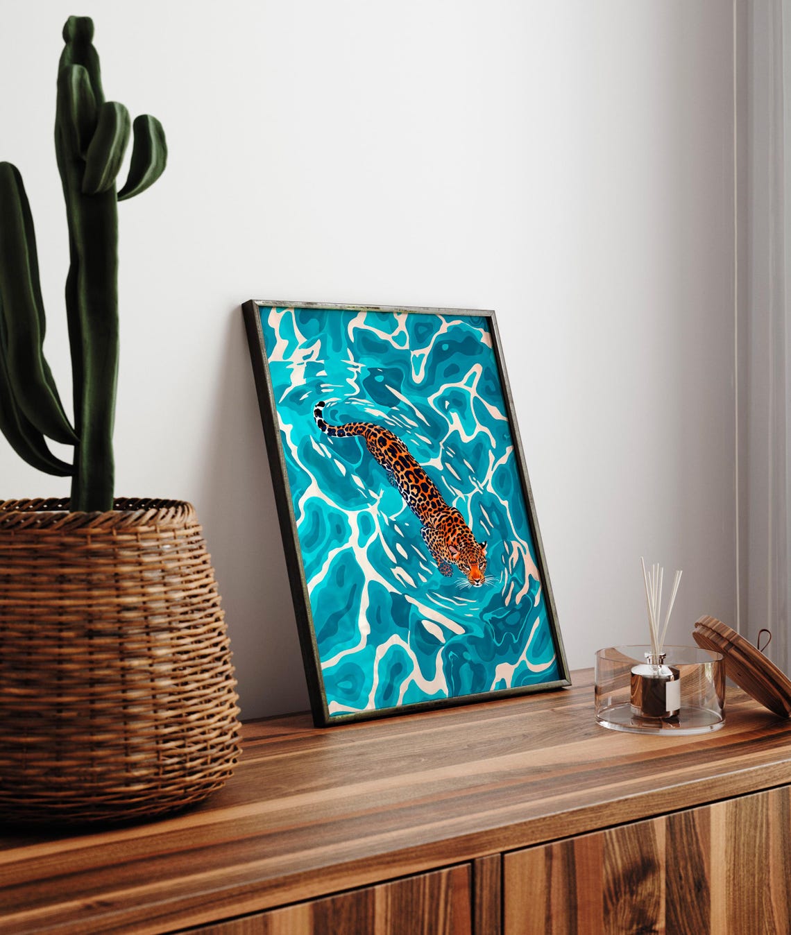 Leopard Swimming Turquoise Pool Bold Tropical Wildlife Poster - Image 4