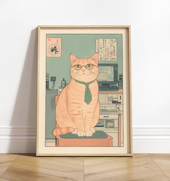 Ukiyoe Programmer Tabby Cat With Glasses At Computer Desk Funny Poster