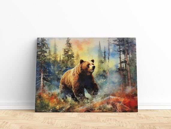 Brown Bear Walking Through Autumn Forest Watercolor Wildlife Art Poster