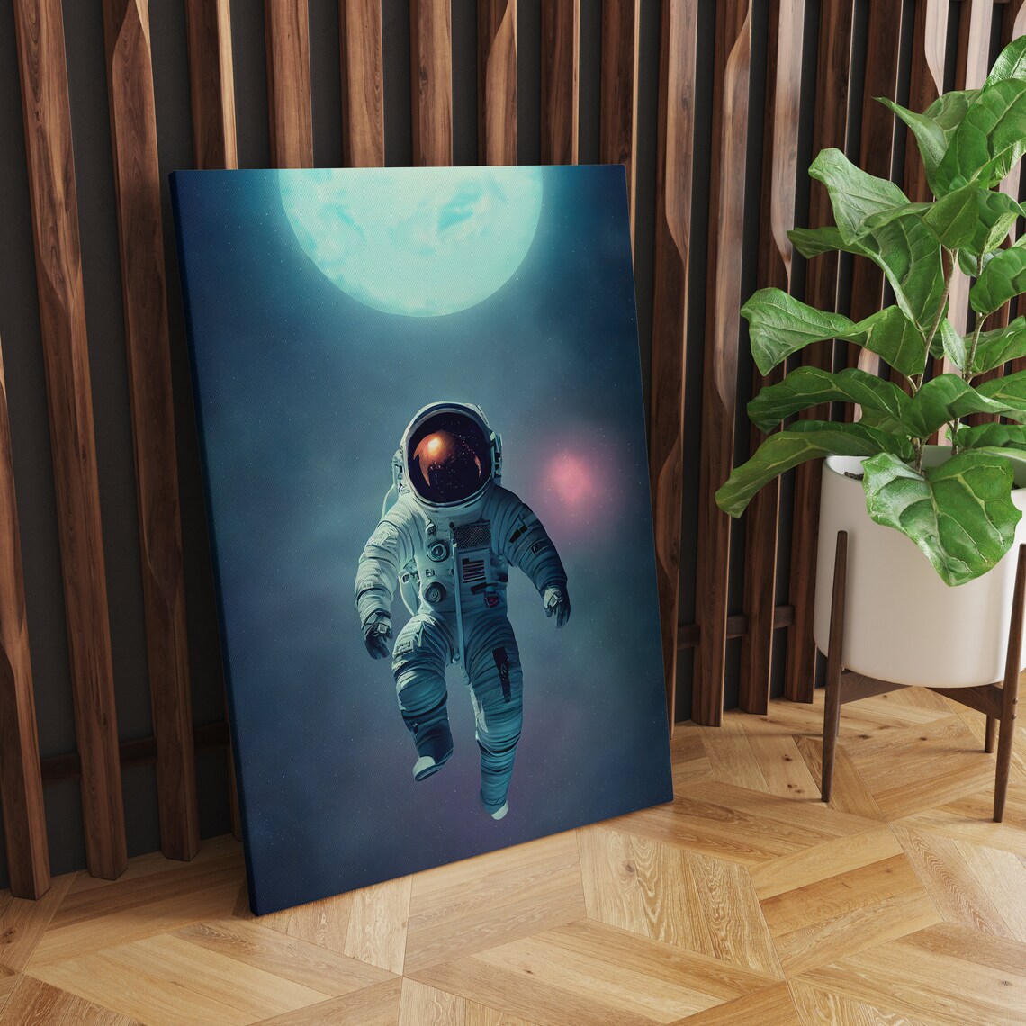 Astronaut Floating In Space Poster Glowing Moon Dark Teal Cosmic Scene - Image 2