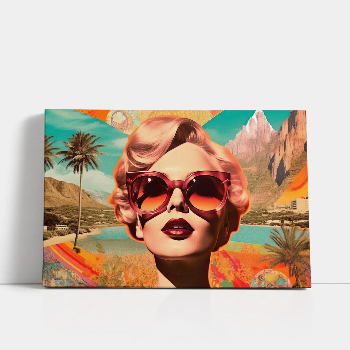 Retro Pop Art Woman Red Sunglasses Palm Beach Collage Wall Poster