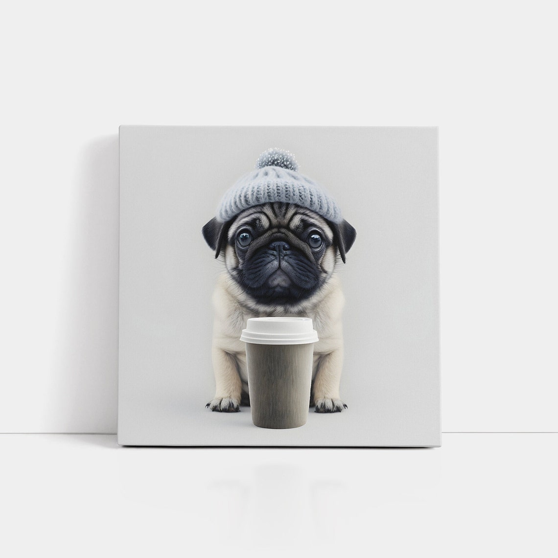 Cute Pug Puppy in Knit Beanie with Coffee Cup Funny Animal Poster