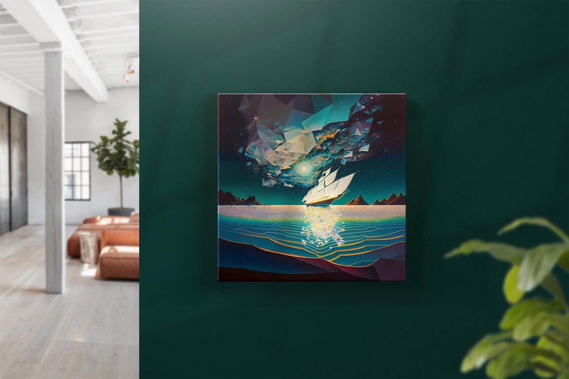 Prismatic Sails Tall Ship Under Crystal Galaxy Night Sea Art Poster - Image 2
