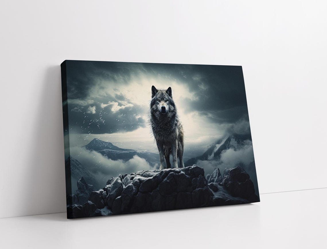 Lone Wolf Standing On Rocky Cliff High Above Storm Clouds Poster - Image 3