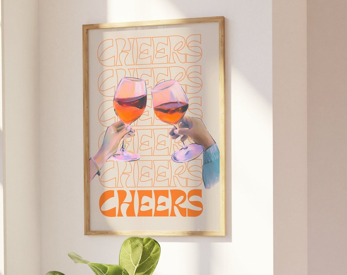 Cheers Retro Outline Typography Clinking Wine Glasses Poster - Image 3