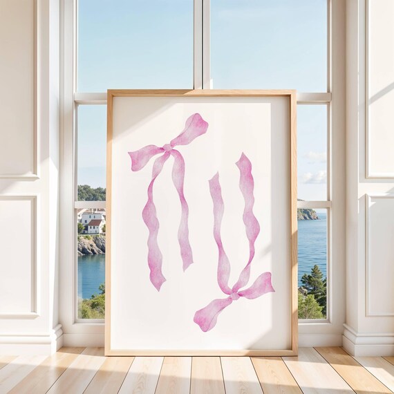 Pink Watercolor Ribbon Bows Pair Coquette Girly Bedroom Art Poster