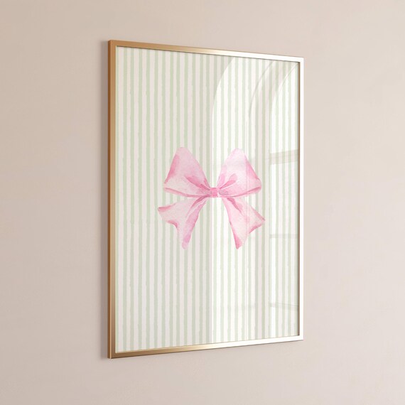 Pink Watercolor Bow Mint Green Stripes Coquette Bedroom Decor Poster