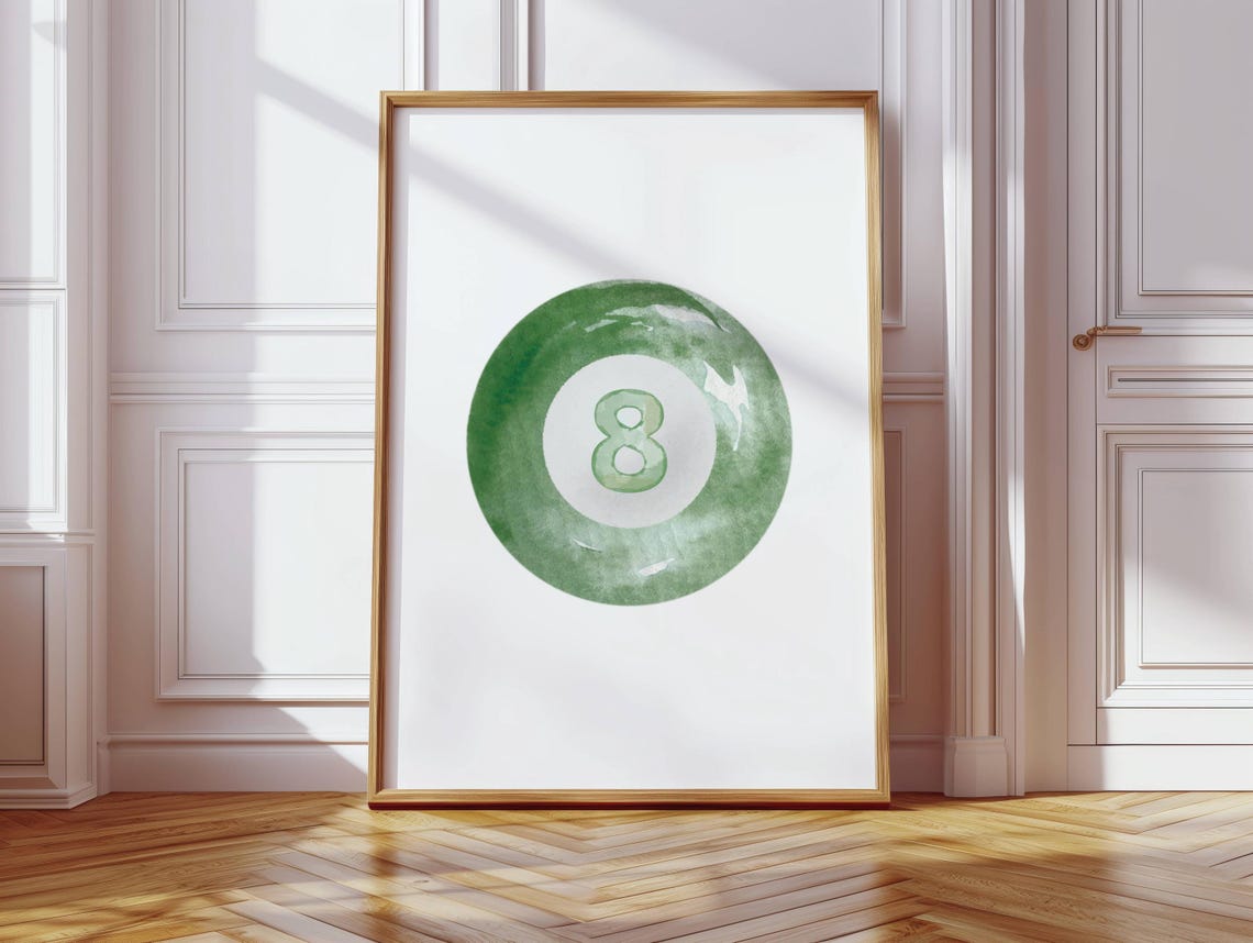 Green Watercolor Magic 8 Ball Retro Billiards Game Room Decor Poster
