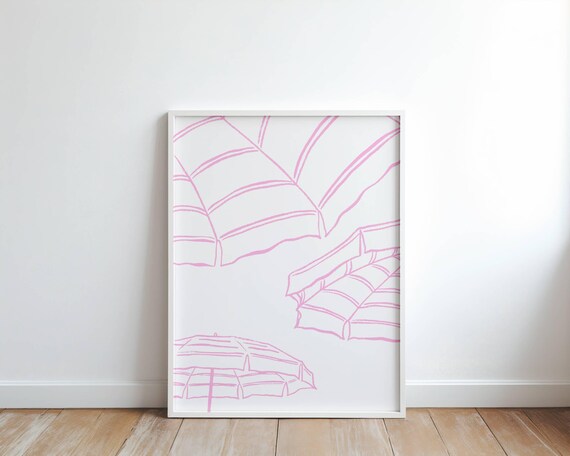 Pink Beach Umbrella Line Art Coastal Summer Vacation Decor Poster