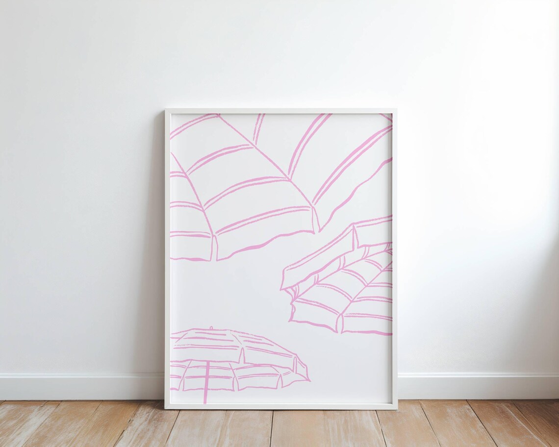 Pink Beach Umbrella Line Art Coastal Summer Vacation Decor Poster