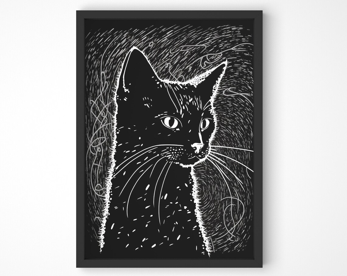 Black Cat Head White on Black Scratchboard Minimalist Pet Poster