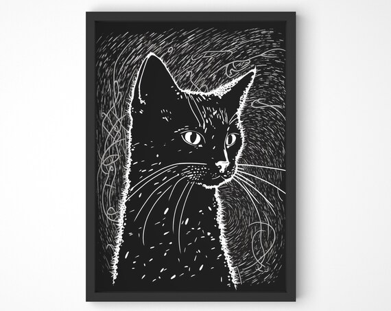 Black Cat Head White on Black Scratchboard Minimalist Pet Poster