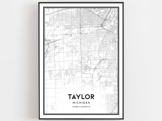 Taylor Map Print Poster Wall Art Mi City Michigan Street Decor Road Gift B1218
