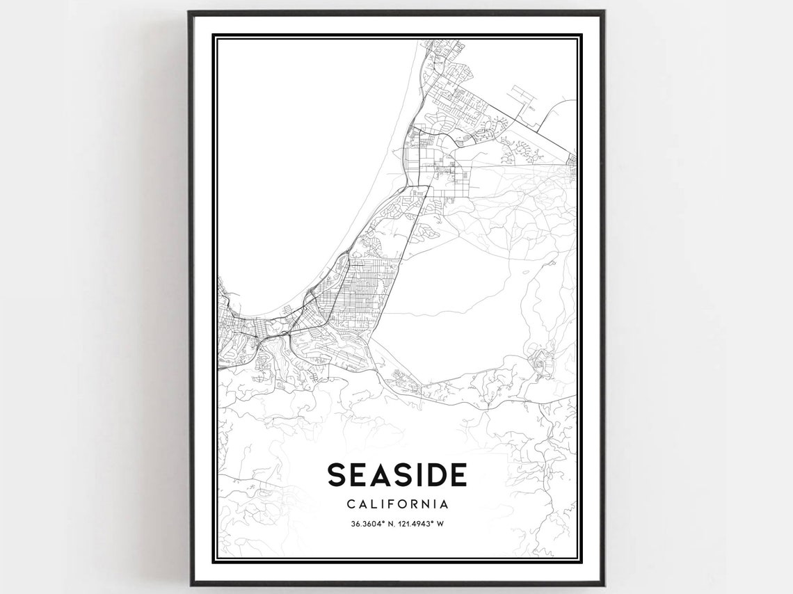 Seaside California Minimal Black White Coastal City Map Art Poster