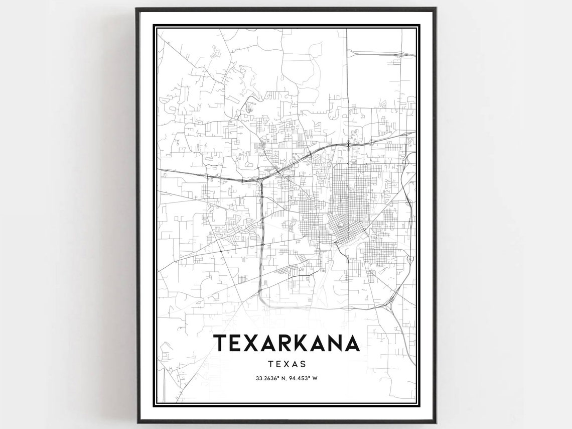 Texarkana Texas Street Map Poster Minimalist Black Line Art Decor