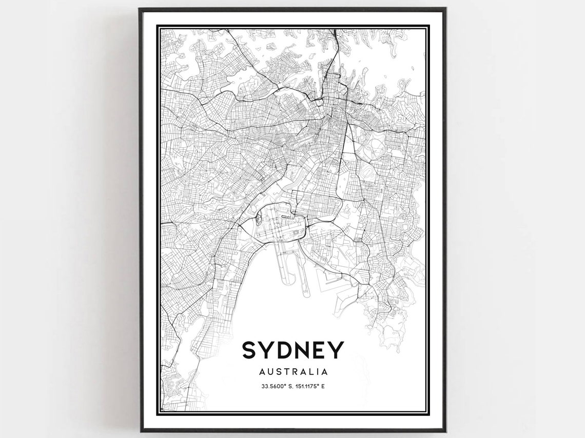 Sydney City Map Print Minimalist Black And White Road