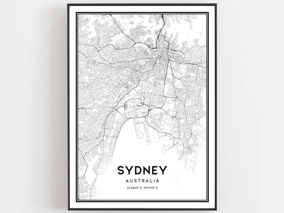 Sydney City Map Print Minimalist Black And White Road