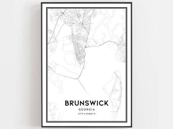 Brunswick Map Print Poster Wall Art Ga City Georgia Street Decor Road Gift B1325