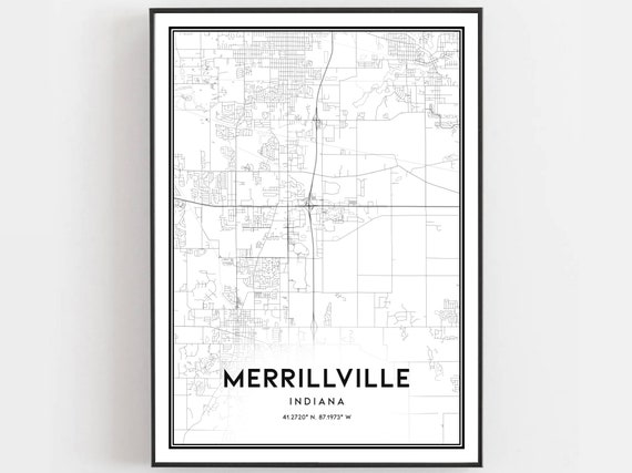 Merrillville Map Print Poster Wall Art In City Indiana Street Decor Road Gift B1743