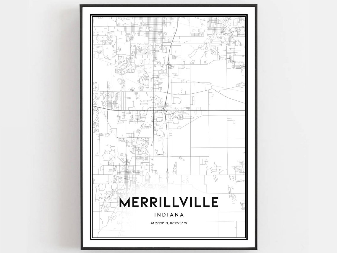 Merrillville Indiana Minimalist Black White City Street Map Poster