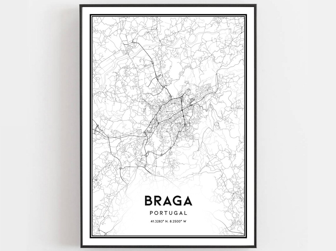 Braga Portugal Street Map Black White Minimalist Coordinates Wall Poster