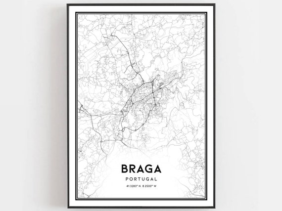 Braga Map Print Poster Wall Art City Street Decor Road Gift B307
