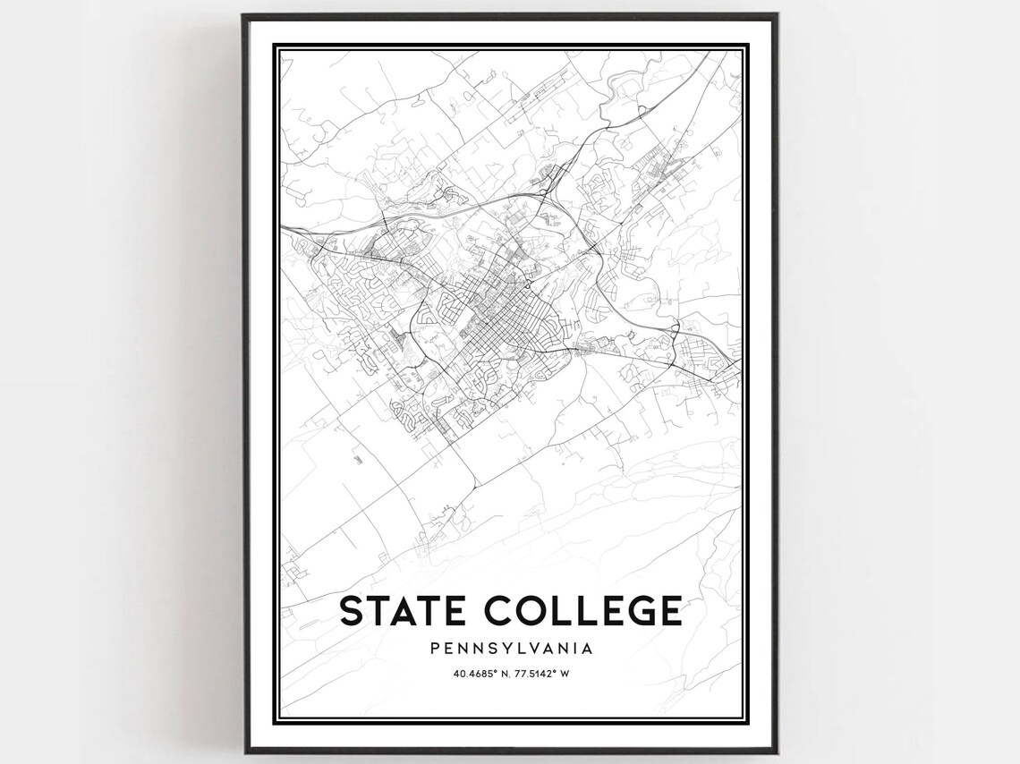 State College Map Print Poster, Pennsylvania Street Decor