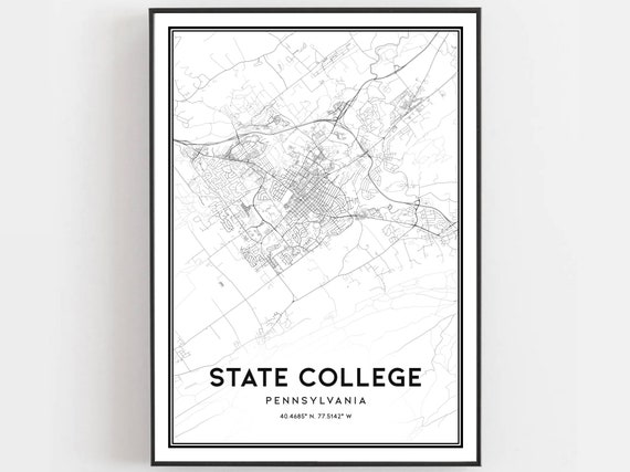 State College Map Print Poster, Pennsylvania Street Decor