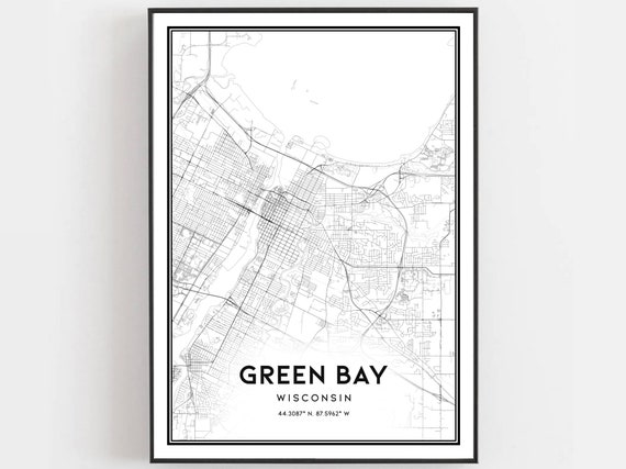 Green Bay Map Print Poster Wall Art Wi City Wisconsin Street Decor Road Gift B599