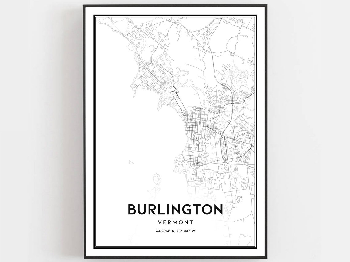 Burlington Vermont Street Map Poster with Printed Coordinates Gift