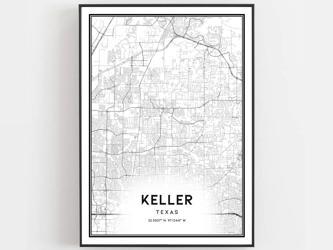 Keller Texas Elegant Minimalist Black White City Street Map Poster