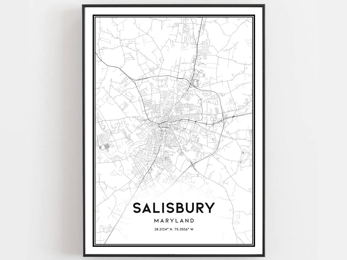 Salisbury Maryland Minimalist Street Map Poster Modern Black White Decor