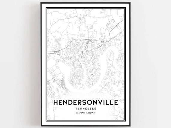 Hendersonville Map Print Poster Wall Art Tn City Tennessee Street Decor Road Gift B1281