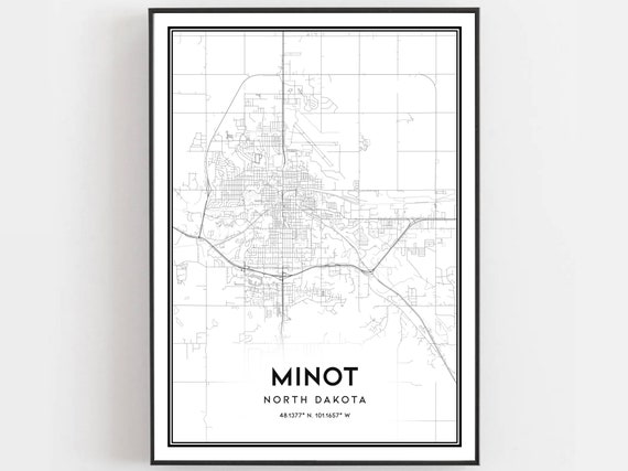 Minot Map Print Poster Wall Art Nd City North Dakota Street Decor Road Gift B1381