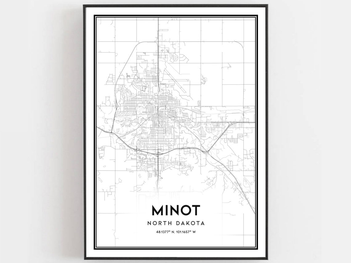 Minot North Dakota City Street Map Minimalist Black White Poster