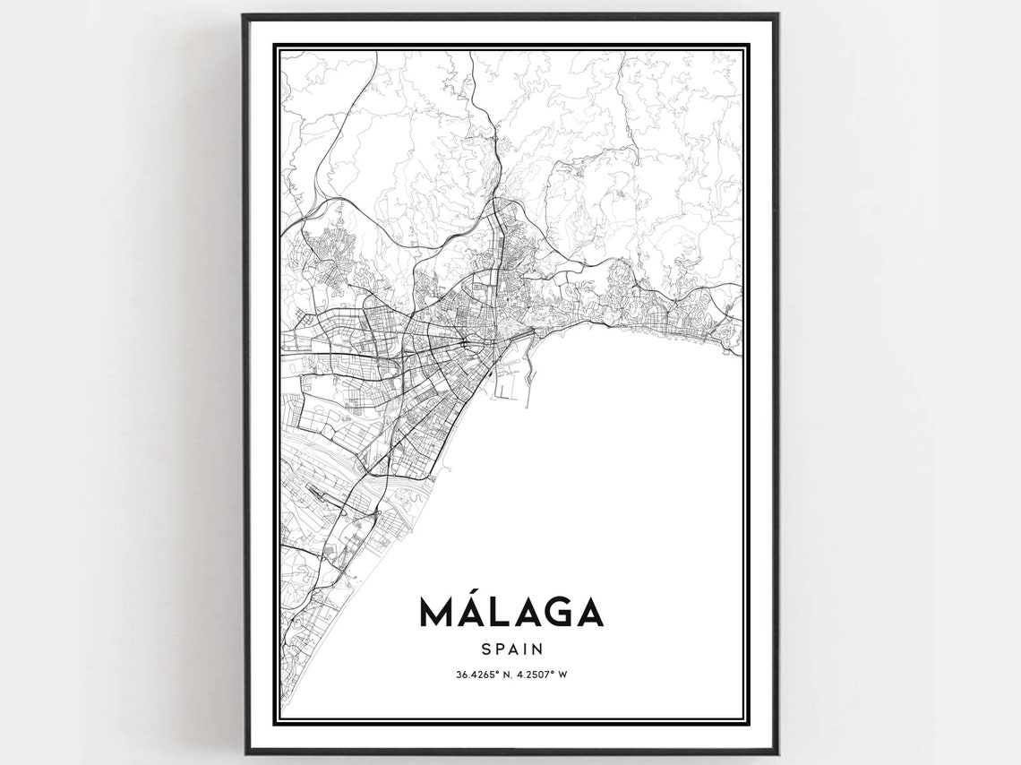 Malaga Spain City Street Map Black And White Coastal Gift Poster