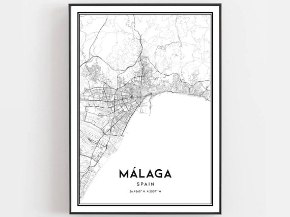 Mlaga Map Print Poster Wall Art City Street Decor Road Gift B376