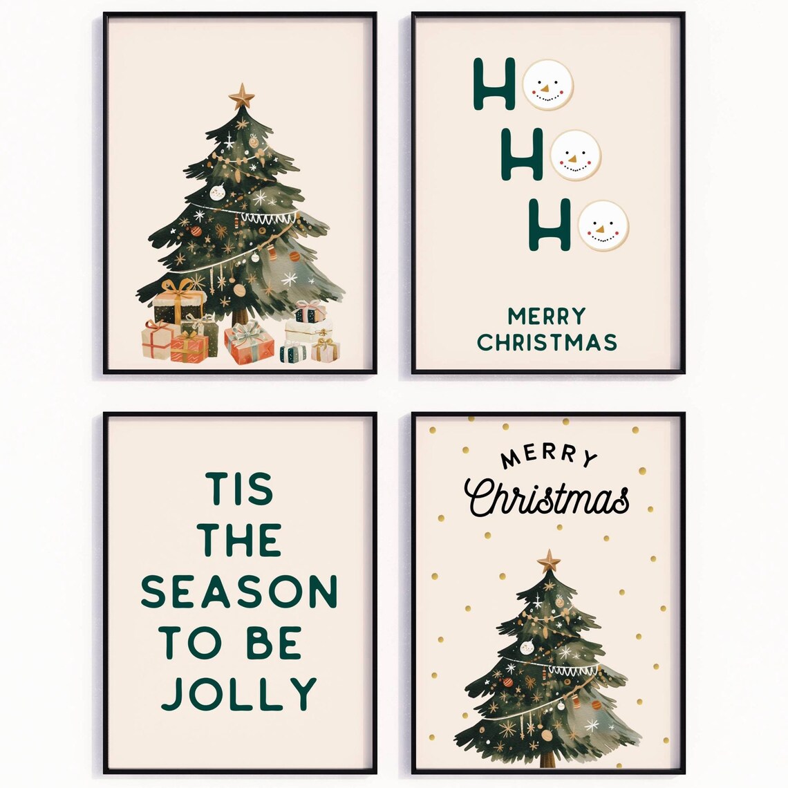 Cozy Minimalist Green Neutral Christmas Set Of 4 Winter Wall Art