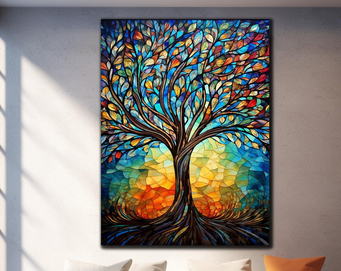 Tree Of Life Stained Glass Mosaic Colorful Leaves Wall Art Poster