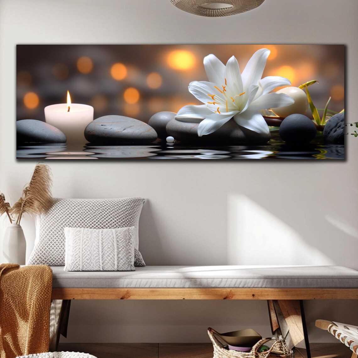 White Lily Candle Zen Stones Calm Water Panoramic Glass Wall Art