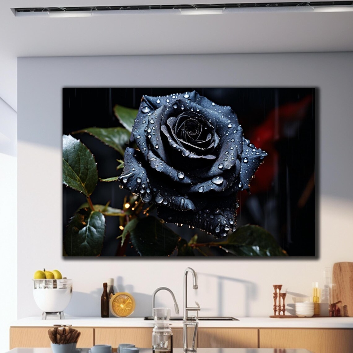 Black Rose Rain Drops Dark Gothic Floral Photography Art Wall Poster