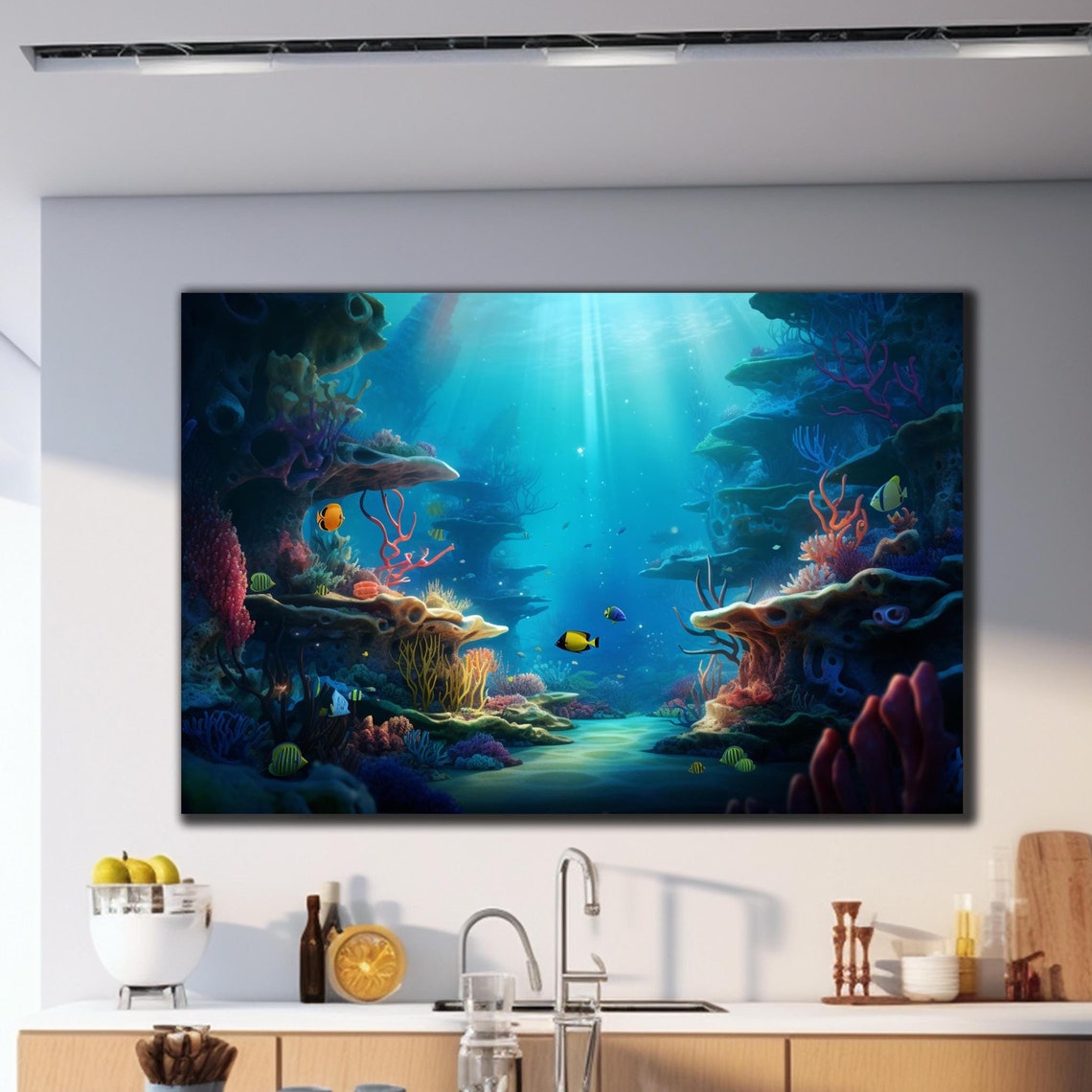 Underwater Coral Reef Sunlit Rock Arches Tropical Fish Scene Poster