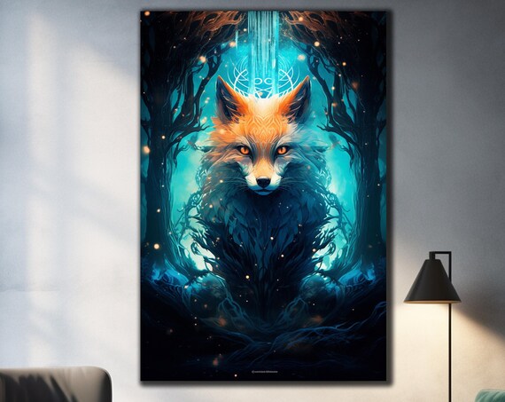 Enchanted Fox Portrait Teal Forest Fantasy Spirit Animal Wall Poster